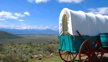 Blue Wagon at the National Historic Oregon Trail Interpretive Center near Baker City, Oregon